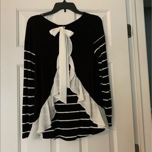 Ladies Black & White Striped Ruffle Top Size S